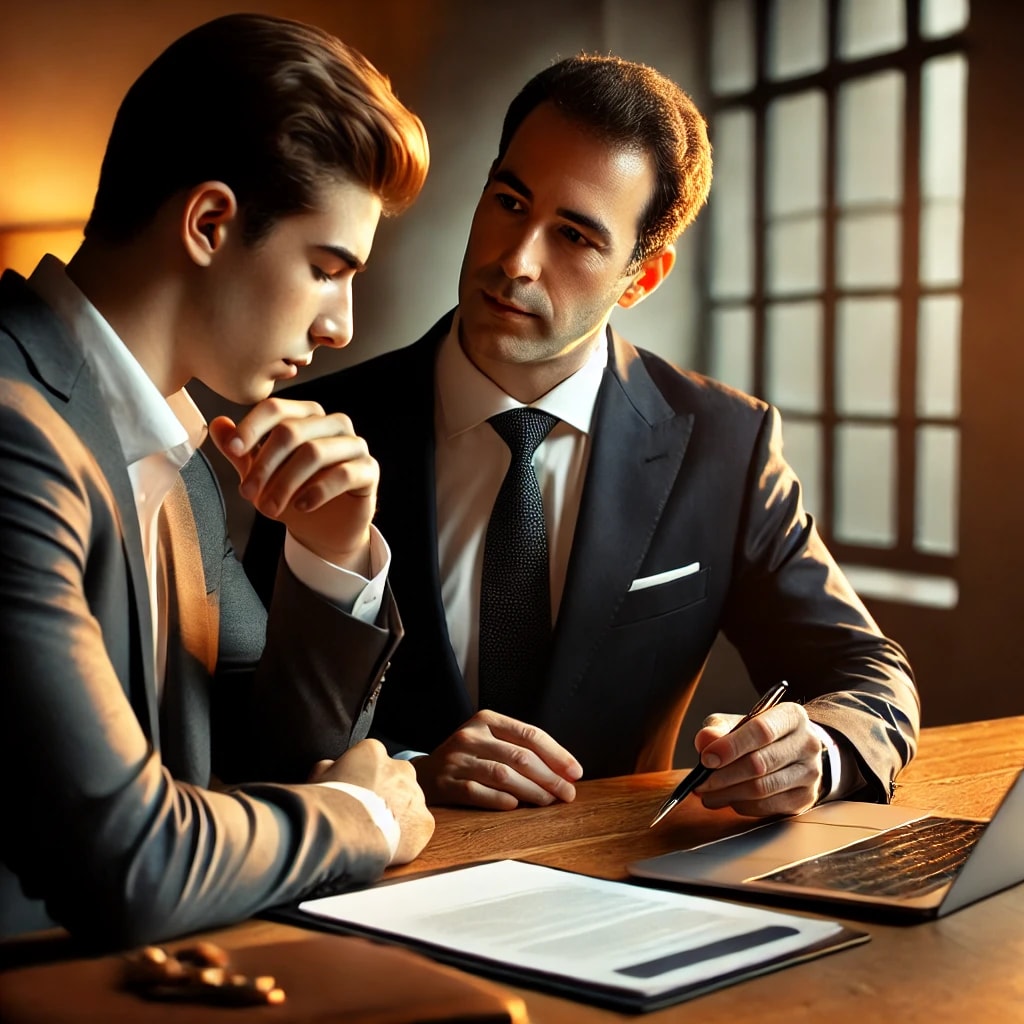 A lawyer consulting with a client, reviewing legal documents.