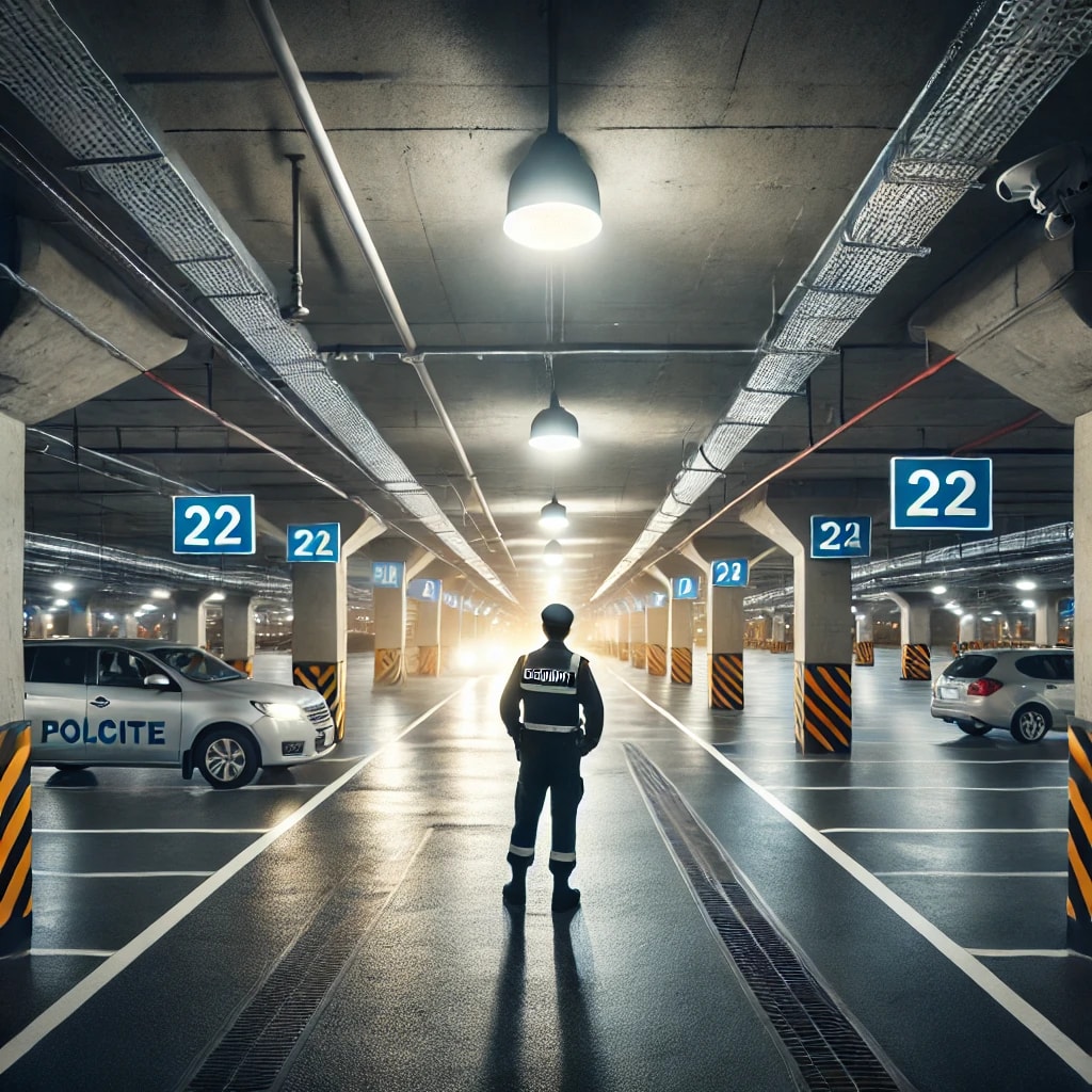A well-lit parking garage with visible security measures.